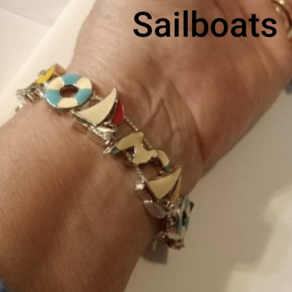 New Vintage Sailboats Slide Bracelet with Sliding Charms Silver Fold Over Clasp
